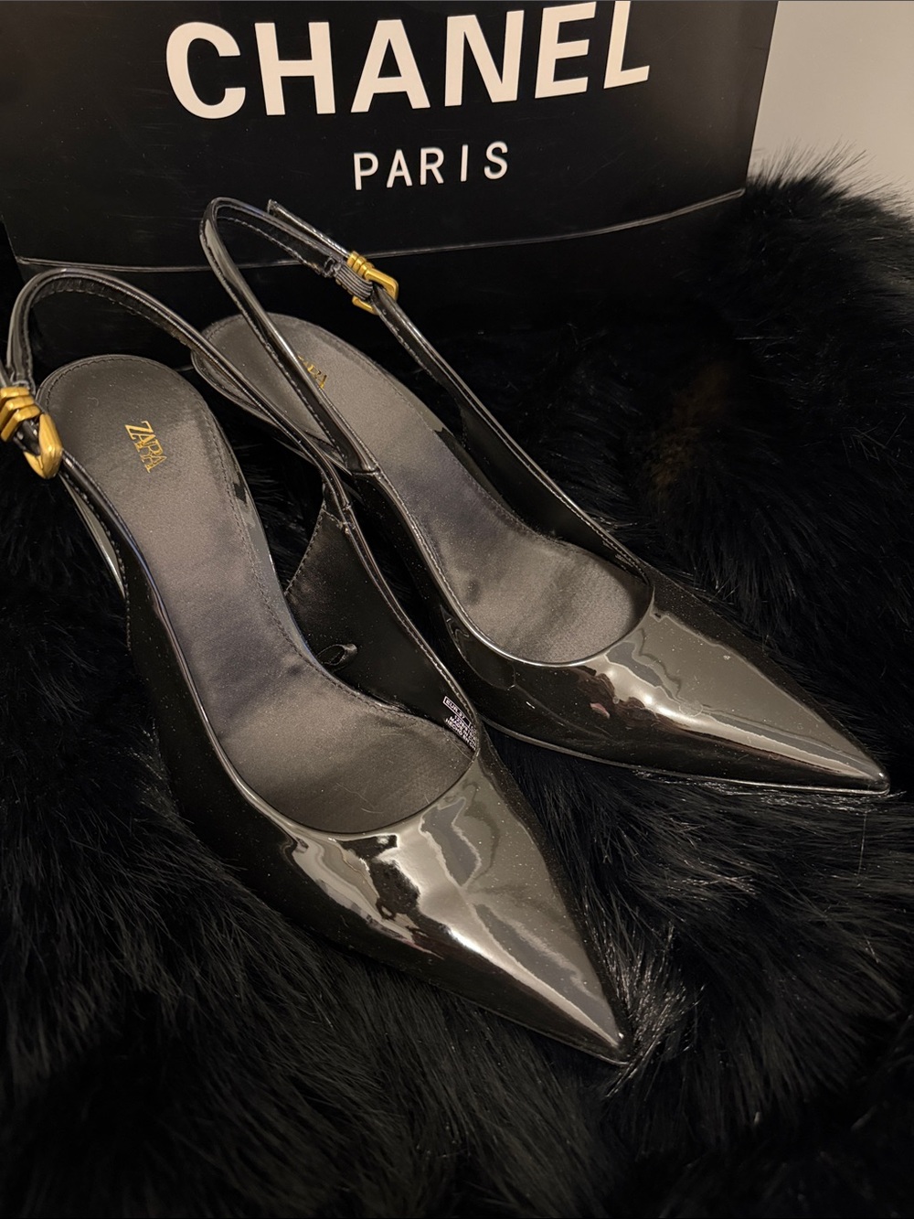 Zara Black Patent Pointed-Toe Slingback Heels with Gold Buckle